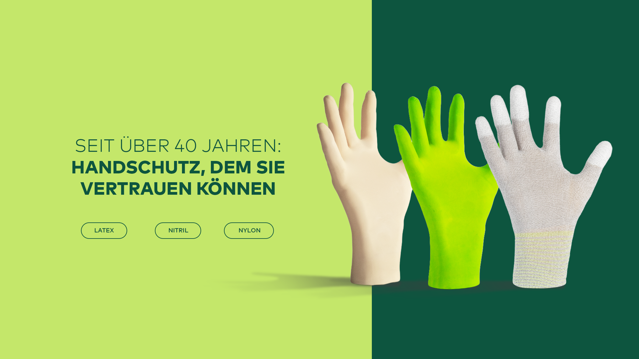 Protect2Clean | Nitril | Latex | Nylon Handschuhe | SimTec Handschuhe | Text on Banner: Seit über 40 Jahren: Handschutz, dem Sie vertrauen können.