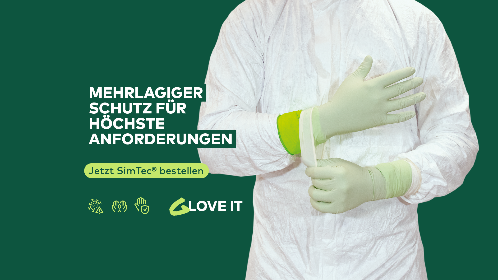 Protect2Clean | Nitril | Latex | Nylon Handschuhe | SimTec Handschuhe | Text on Banner: Mehrlagiger Schutz für höchste Anforderungen.